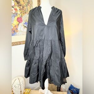 Zara Black Babydoll Mini Dress Smock Tiered Long Sleeve V Neck Size Small